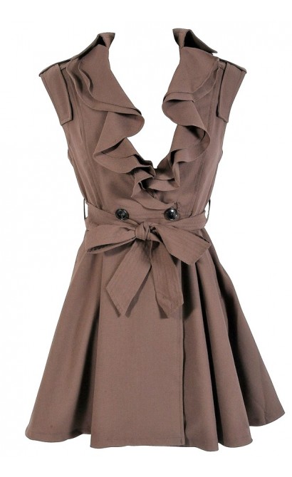 Ruffle Collar Belted Waist Dress in Coffee